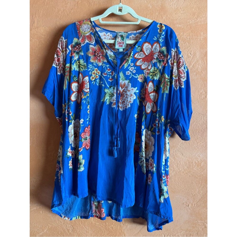 Johnny Was Blue Floral Cupra Rayon Tunic Blouse Large Boho Tassel Top